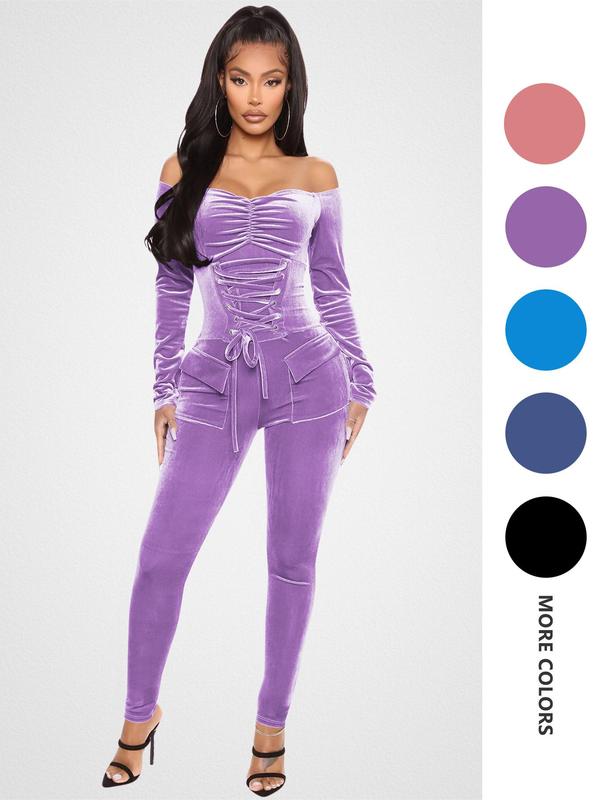Women's Off The Shoulder Ruched Lace Up Velvet Jumpsuit, Casual Grommet Eyelet Pocket Skinny Jumpsuit for Fall & Winter, Women's Clothes for Daily Wear, Birthday Outfits, Fall Outfits, Fallfreshness
